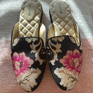 NEW ♥️ BIRDIES THE PHEOBE FLORAL JACQUARD MULES SLIP-ON SLIDES 9 Gold Black Pink